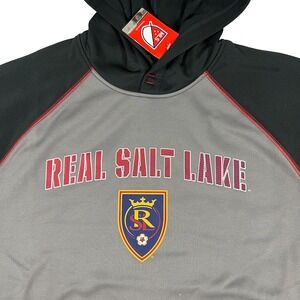 MLS Mens Large Gray Black Real Salt Lake‎ RSL Pullover Hooded Sweatshirt NWT